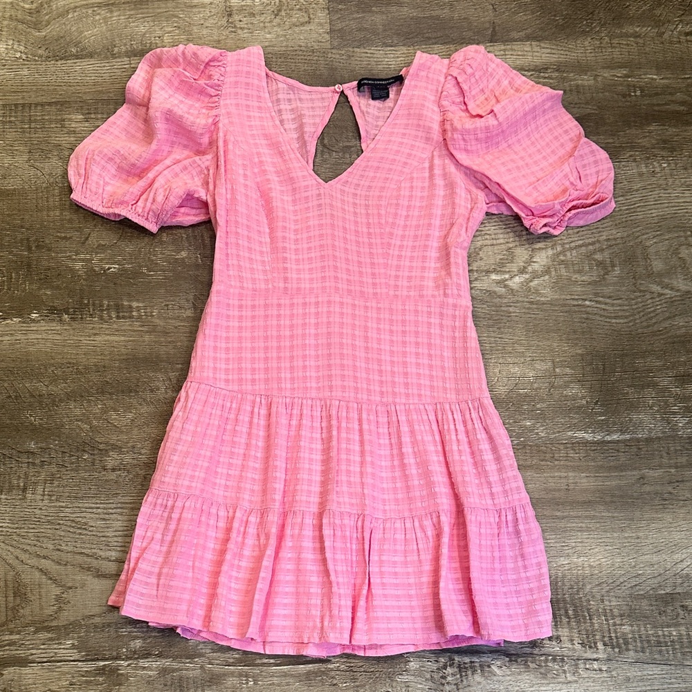 French Connection Birch Gingham Seersucker Tiered Dress XS Pink